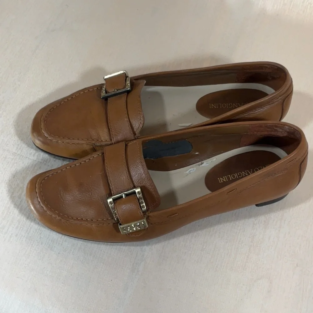 Enzo Angiolini Brown Leather Loafers with Buckle Detail-Size 6M
